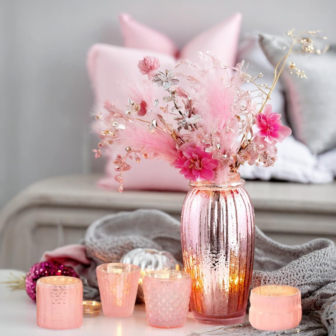 Koyal Wholesale Blush Pink Mercury Glass Votive Candle Holders Set 6 Piece, Pink Vintage Glass Tealight Holders for Weddings, Parties & Table Decor, Small Decorative Candle Cups