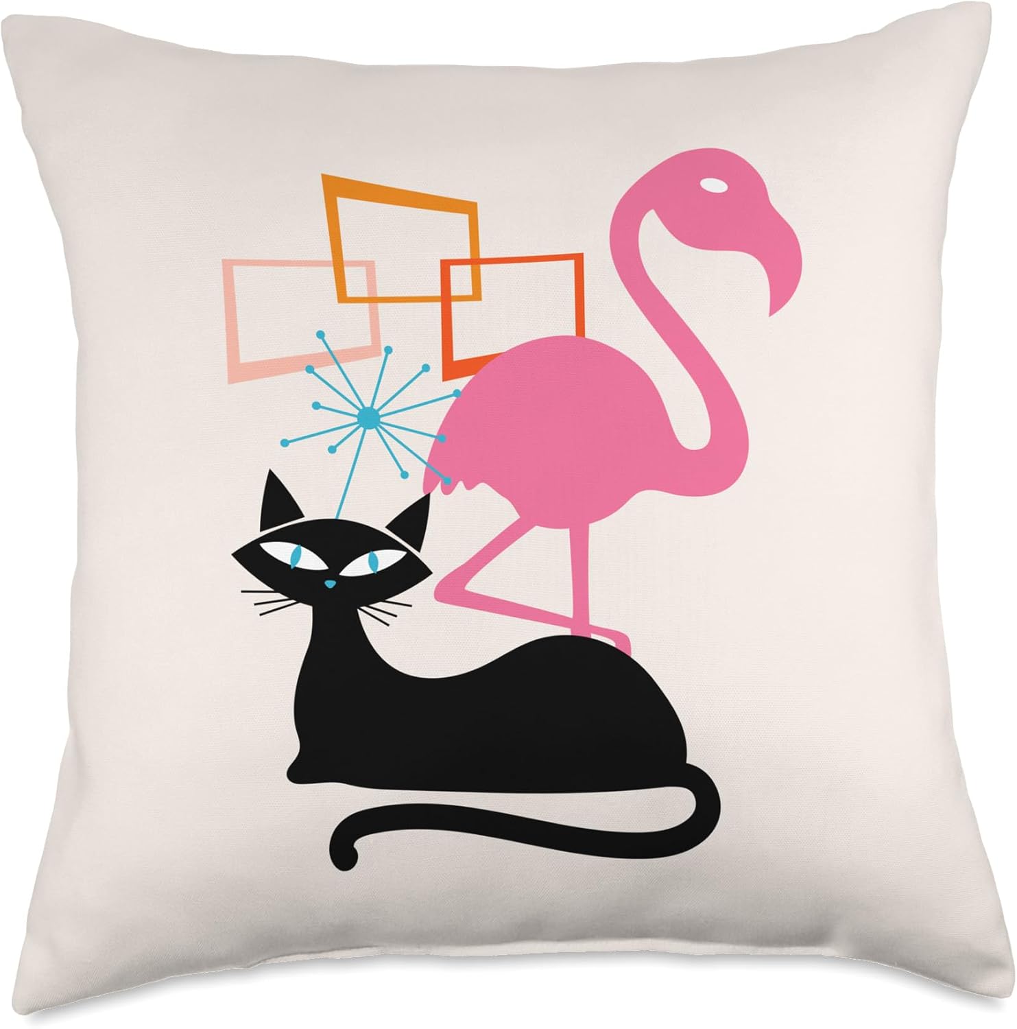 Flamingo and Cat Midcentury Mid Century Stardust Modern Throw Pillow