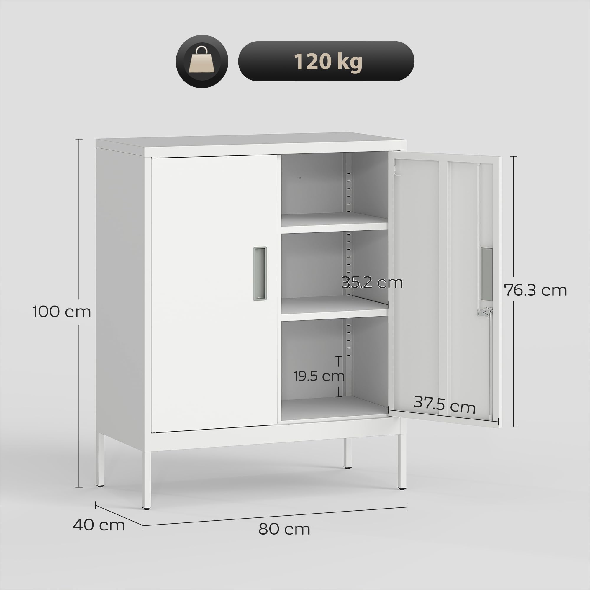 HOMCOM Armadio Portadocumenti a 2 Ante in Acciaio, Schedario da Ufficio con Ripiani Regolabile su 25 Livelli e Serratura, Mobiletto Multiuso Portaoggetti, per Ufficio Studio, 80x40x100 cm, Bianco