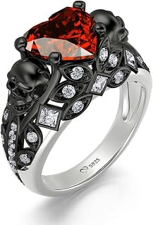 2.55ct Skull Engagement Ring Sets Sterling Silver Heart Cut Red Diamond Ruby Rings Cubic Zirconia Wedding Promise Anniversary Romantic Jewelry for Women Grils Bridal with Gift Box