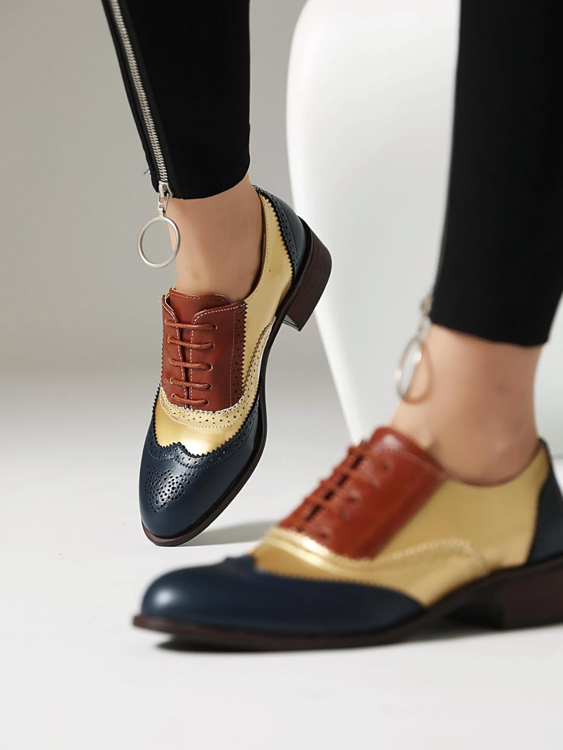 Lace-up Wingtips Oxford Shoes for Women Cutout Brogues Saddle Shoes - Image 5