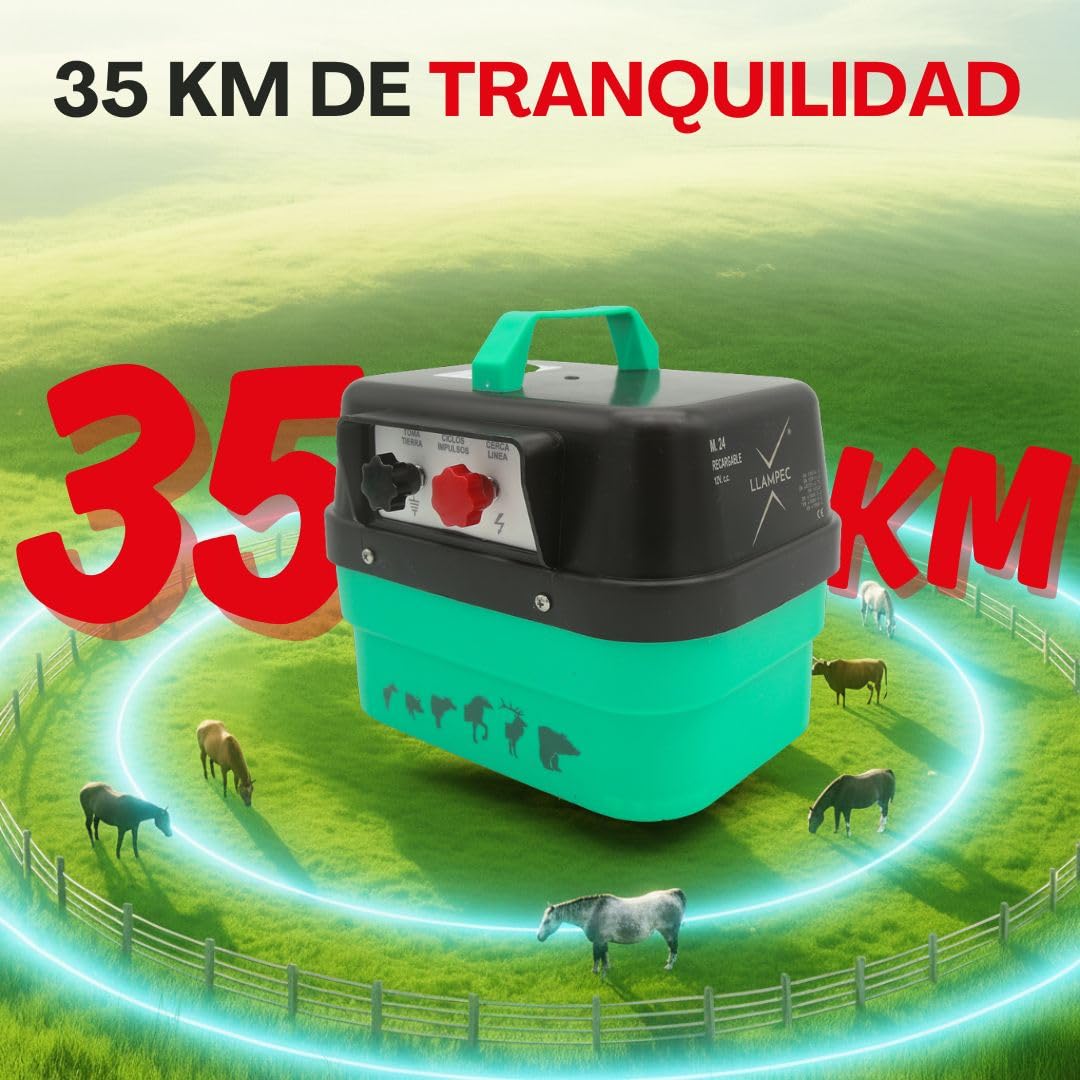 Pastor eléctrico Llampec Mod.24 con batería Recargable 12V – 3,5 J, 10.000 V y 35 km de Alcance – Ideal para Ganado equino, Vacuno, porcino, ovino, Animales Salvajes y Mascotas – Fabricado en España