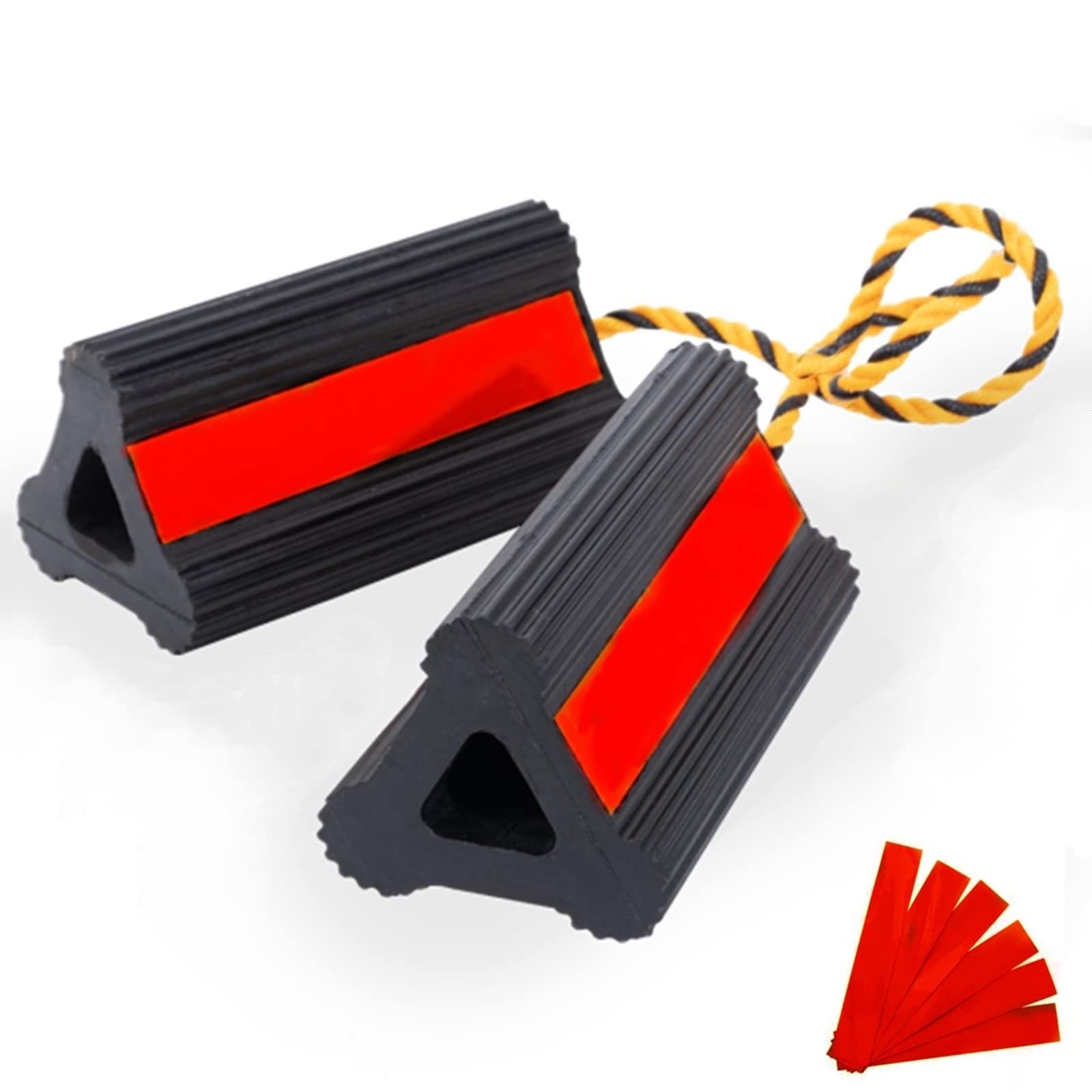 Tiousmoky Wheel Chocks Rubber Heavy Duty Trailer Wheel Chocks with Red Reflective Visibility Tape and Yellow Nylon Rope 8.27