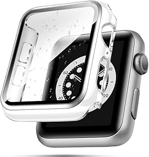 جراب من البولي كربونات مع شاشة حماية مدمجة من الزجاج المقوى، متوافق مع ساعة ابل اي ووتش سلسلة 8/7/ SE 6 5 4/3 2 للاختيار (45 ملم بلون أبيض وحواف بلون فضي) من المعز