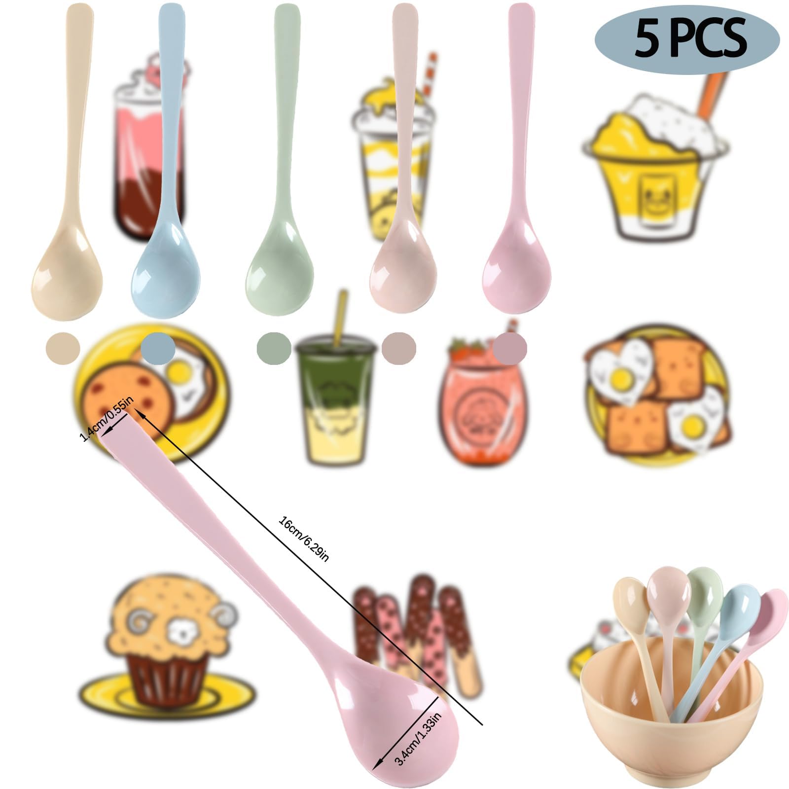 Set Di 5 Cucchiai Colorati Riutilizzabili A Manico Lungo - Per Yogurt, Marmellata, Caffè E Dessert - 5 Colori Pastello