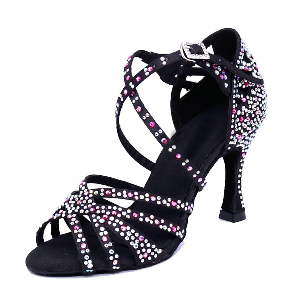 Sandalias de baile moderno latino con correa cruzada para mujer, con diamantes de imitación de tango social, bailes, Tacón marrón de 9 cm. — view 25