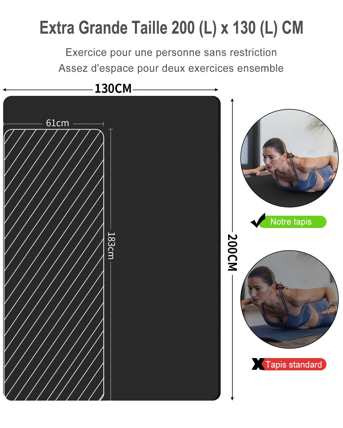 Grand Tapis de Yoga 200×130cm 15mm/10mm Épais NBR Tapis de Gym pour Fitness Pilates étirements Enfants Jouant Tapis de Sol
