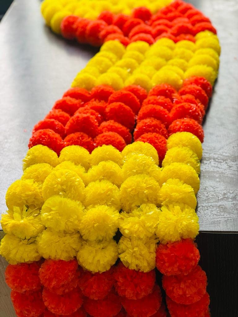 SPHINX Artificial Marigold Fluffy Flowers Garlands for Decoration - Pack of 5 (Yellow and Dark Orange Patterned)
