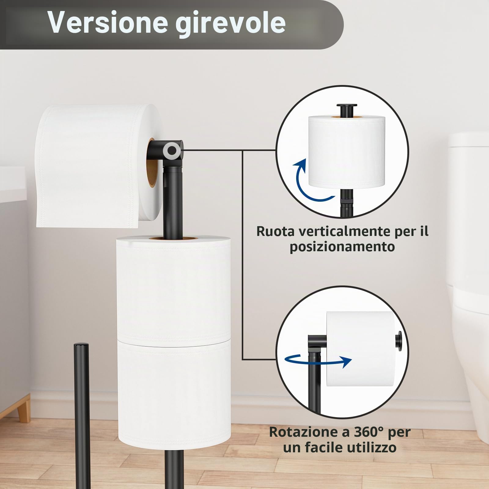 Porta carta igienica in acciaio inox per wc, con scopino - Carta igienica in piedi, porta rotolo nero opaco