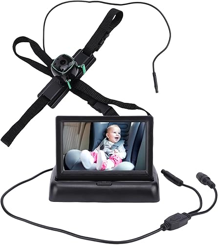 Diyeeni Cámara de coche de bebé para asiento trasero y monitoreo de mascotas, monitor plegable 1080P de 4.3 pulgadas, cámara giratoria 360, monitor
