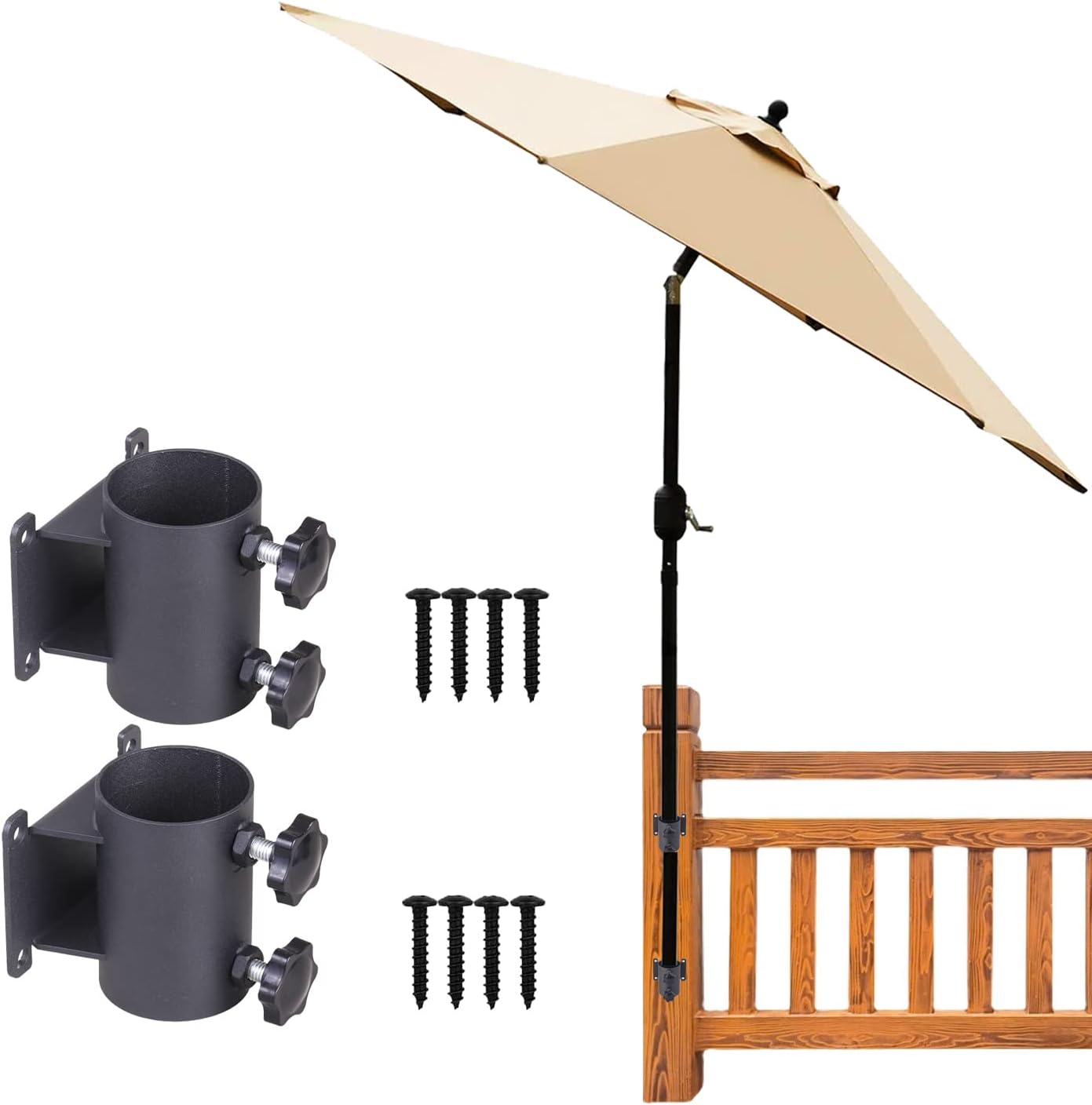 BSWAN Patio Yard Umbrella Holder Stand, Outdoor Sun Umbrella Holder Umbrella Clip Mounting Bracket for Patio Wood Railing, Mount to Deck, Balcony or Outdoor Yard (1)