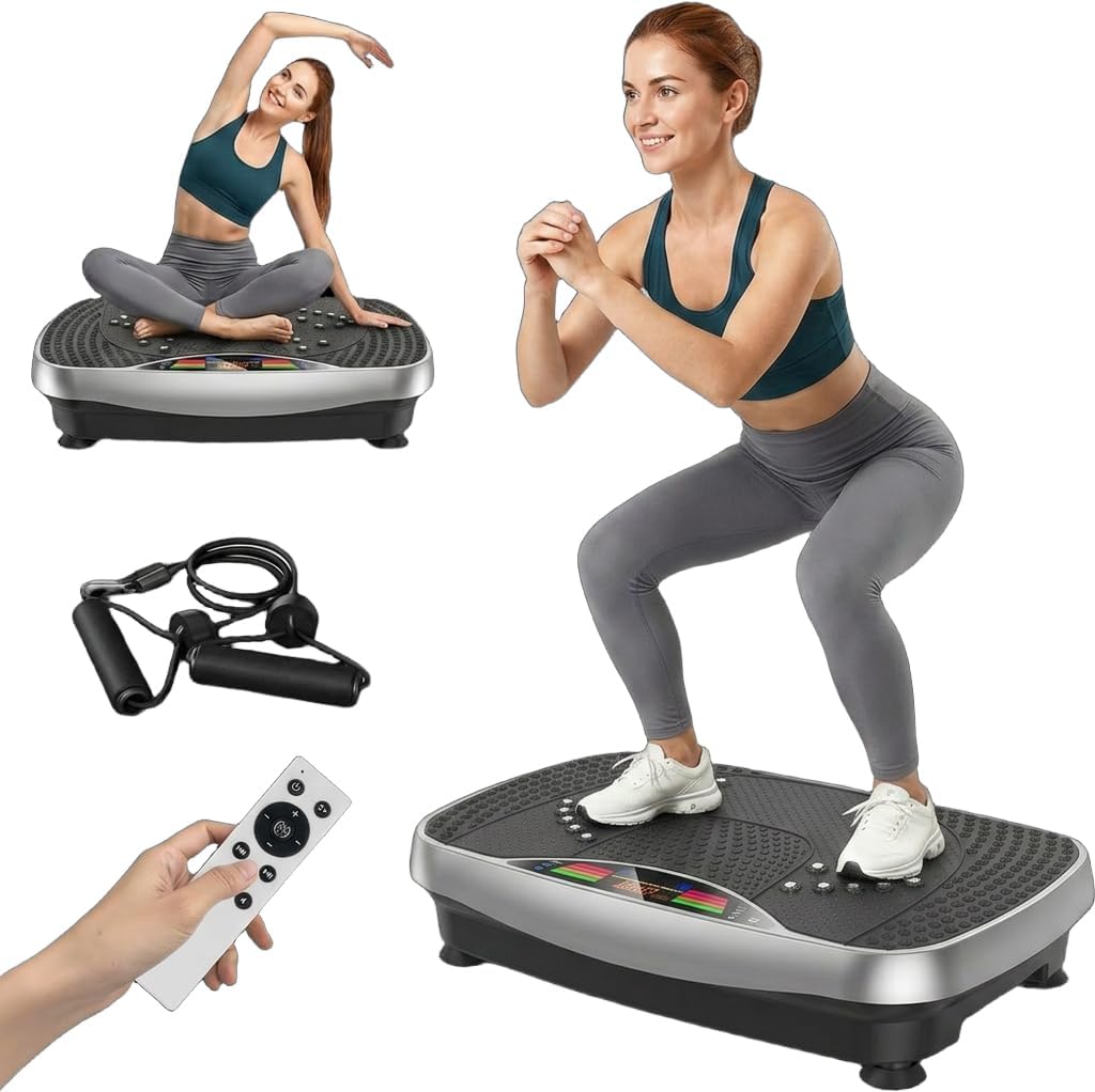 Vibrationsplatte, Rüttelplatte Sport für Zuhause, Vibrationsboard mit 150kg Belastbarkeit, 99 Stufen, Kompaktes Design mit Leisem Motor, Trainingsbänder, Vibrationsplatte für Frauen und Männer