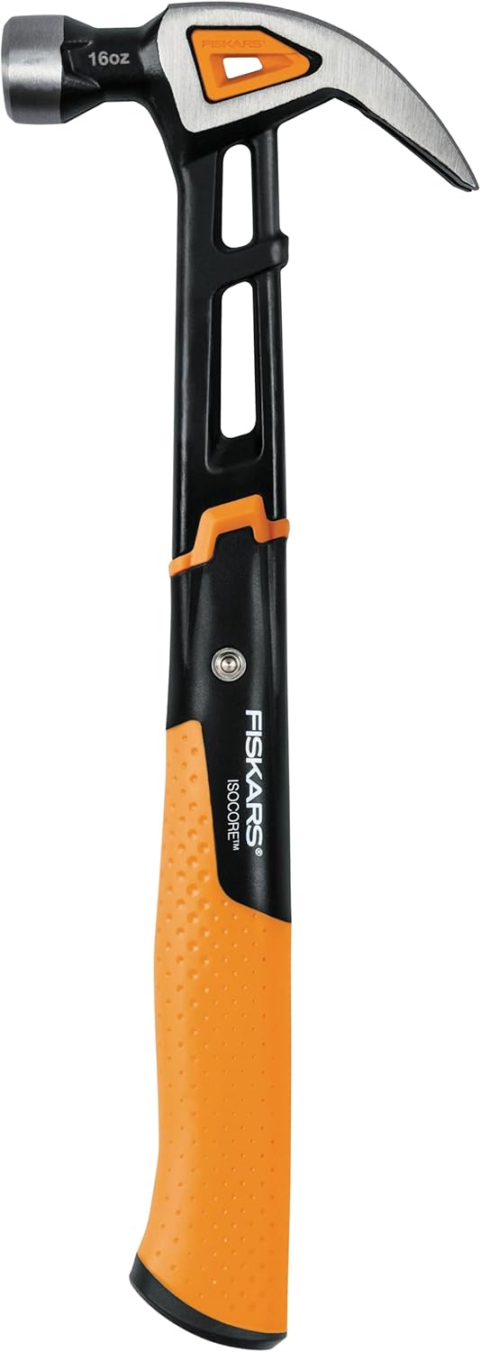 Fiskars Universal Hammer IsoCore M with Curved Claw, Length: 34 cm, Weight: 884 g, Black/Orange, 1027202