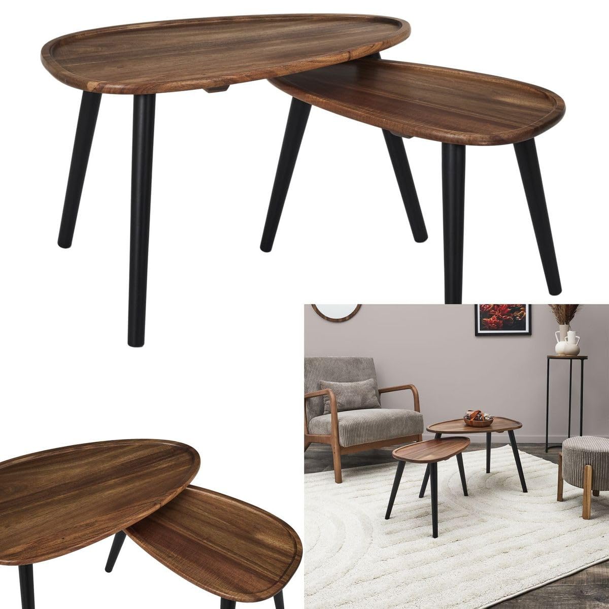 HOME DECO FACTORY - HD0291 Mesas Nido Galet Acacia X2 - Colección Softness - Mobiliario Mesa y Escritorio - Dimensiones 60 x 40 x 39 cm - Color Negro Marrón | Acacia, juego de 2 mesas nido de guijarro, colección Softness, mesa auxiliar, salón, 60 x 40 x 3