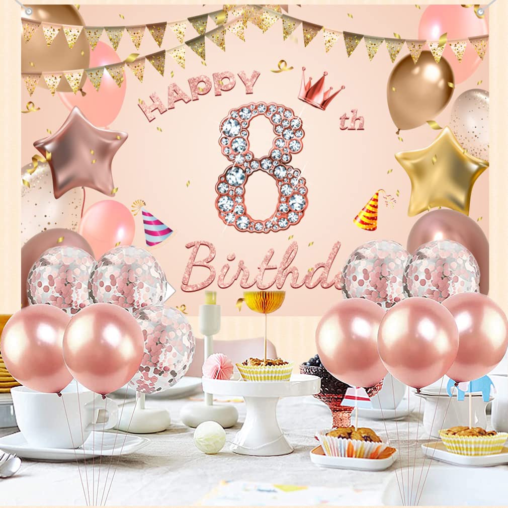 Décorations De 8e Anniversaire Pour Filles, Décoration De Fête Noire Et Or Rose Panneau En Tissu A Suspendre Banniere De Fond Pour 8e Anniversaire