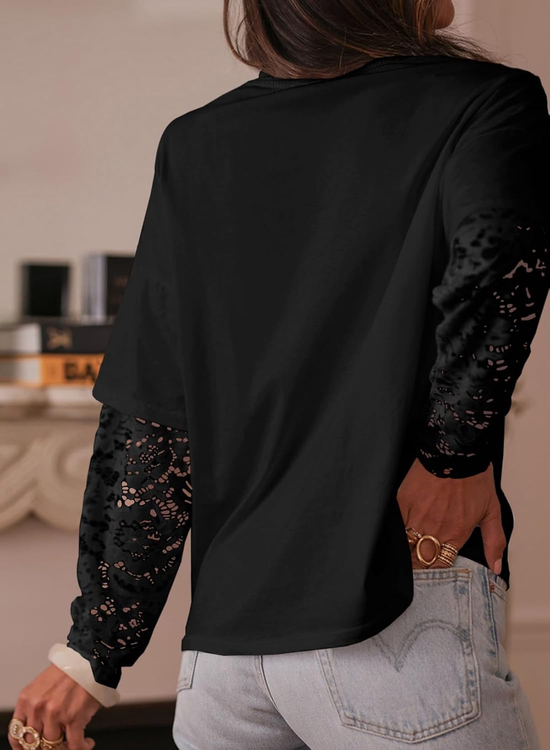 LOLONG T Shirts for Women Fall 2025 Long Sleeve Lace Patchwork Crew Neck Tops Casual Tees - Image 4