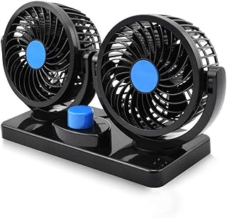 12v Electric Car Fan 360 Degree Rotatable Dual Head Car Auto Cooling Air Fan Powerful Quiet 2 Speed Ventilation Dashboard Oscillating Car Fans Summer Cooling Air Circulator