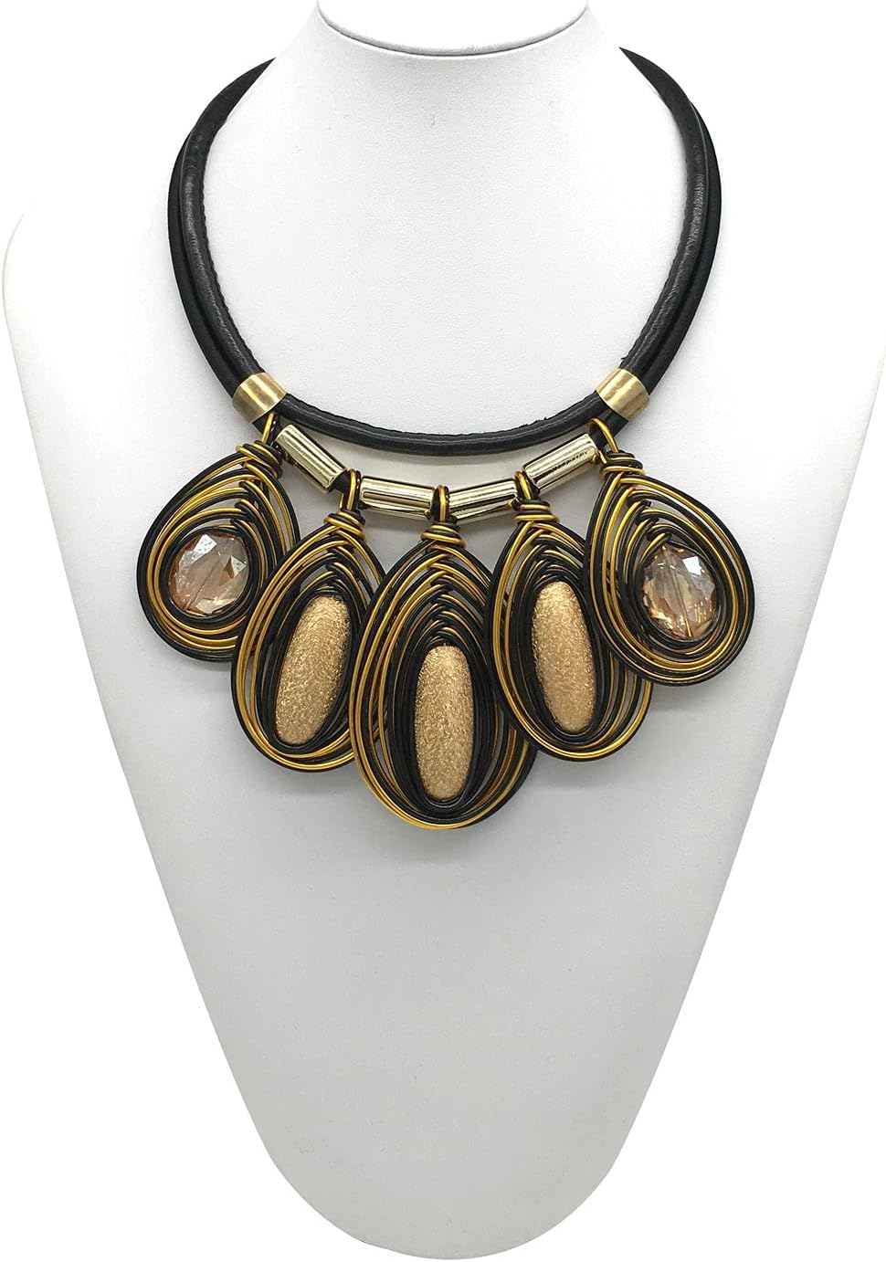 Chunky African Jewelry Statement Necklace For Women Tribal Fashion Costume Earring Set Unique Rhinestone Crystal Gold Wire Wrapped Big Wood Pendent Collar Choker Bib Handmade - Image 3