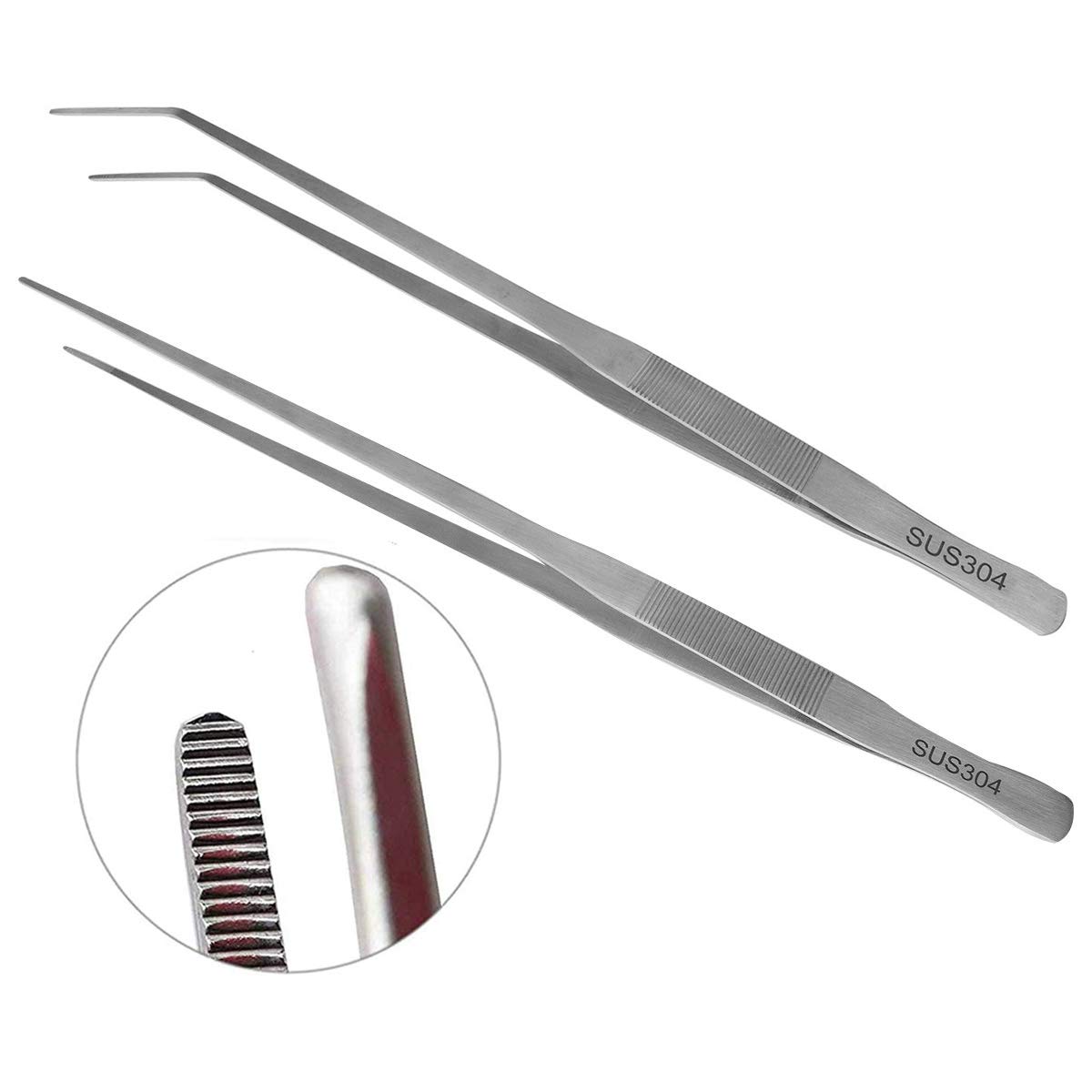 Abmro Silver 18.9Inch/48Cm Straight Curved Stainless Steel Extra Long Tweezers Set,Aquarium Cleaning Tool Fish Tank Aquatic Plants Forceps,Mega Reptile Feeding Tongs