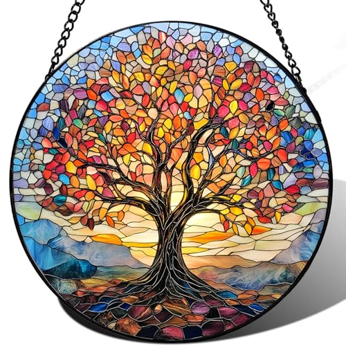 Zizzie Stained Glass Tree of Life Suncatcher - 7.9" Real Glass Rainbow Mosaic Window Hanging, Weatherproof Spiritual Zen Decor, Vibrant Family Roots Housewarming Gift for Mom Grandma Women by Zizzie - Used condition - US$14.97