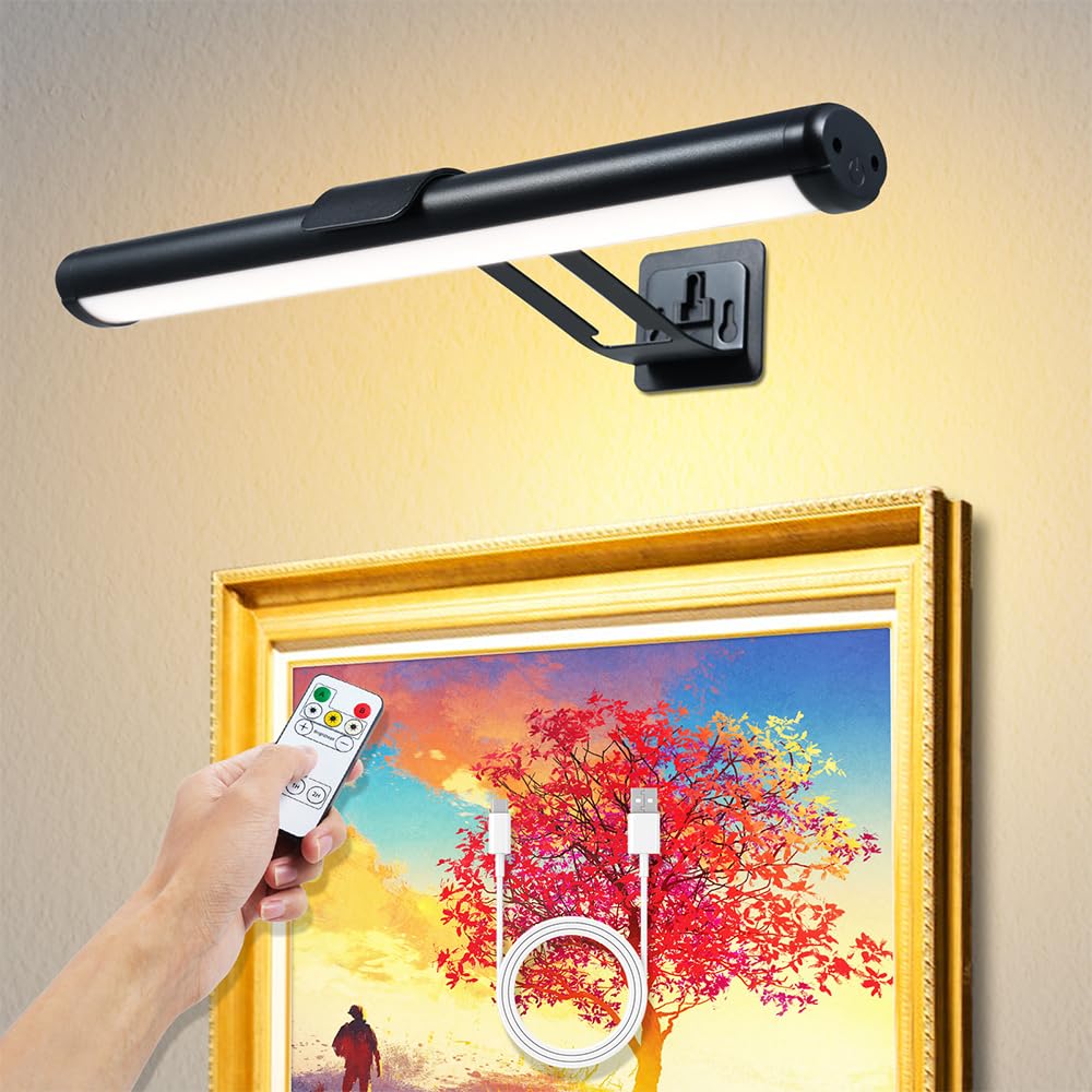 Lixada Wireless Picture Light Rechargeable,Magnetic Wall Art Painting Light Touch Battery Operated Light with Remote Stepless Dimming Display Lamp for Frame Gallery,Artworks,Bathroom,Kitchen,Cabinet