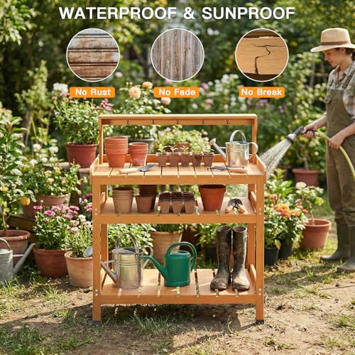 Frogprin Potting Bench Table, Extra-Large Outdoor Garden Potting Bench (HDPS) with 9 Hooks, All-Weather Garden Table Work Station, No Rust, No Fade, No Break (Teak, 35.6\'\'X16.5\'\'X45.5\'\')