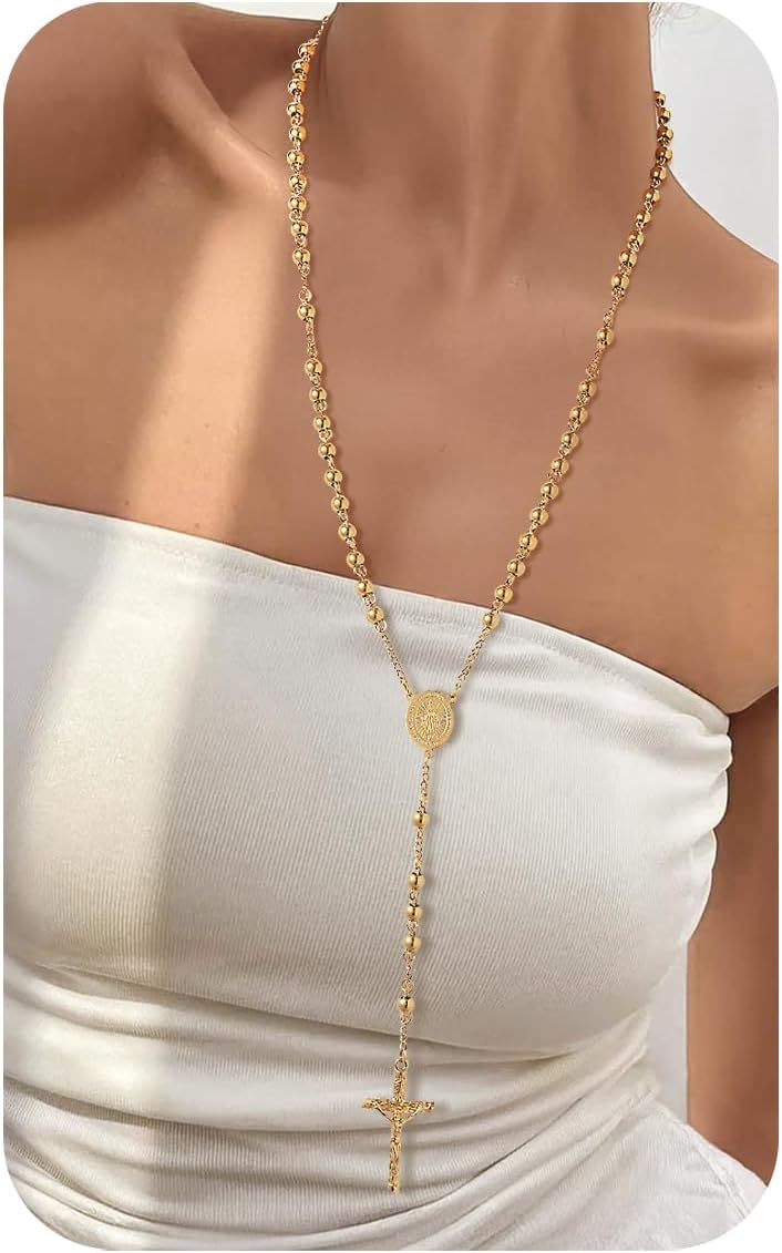 FOCALOOK Rosary Chain Necklace Virgin Mary Prayer Necklace with Crucifix/Jesus Cross Pendant Catholic Long Y Drop Chain Jewelry Gift for Women Men (with Rosary Box & Pray Card)