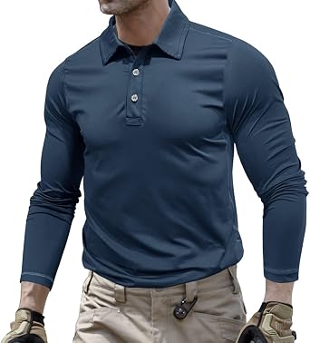 Mens Long Sleeve Polo Shirts Button Lapel Collar Quick Dry Shirts for Men Slim Fit Casual Golf Shirt Business Work Tops Mens Clothes Trendy Solid Color Basic Tops Blue S
