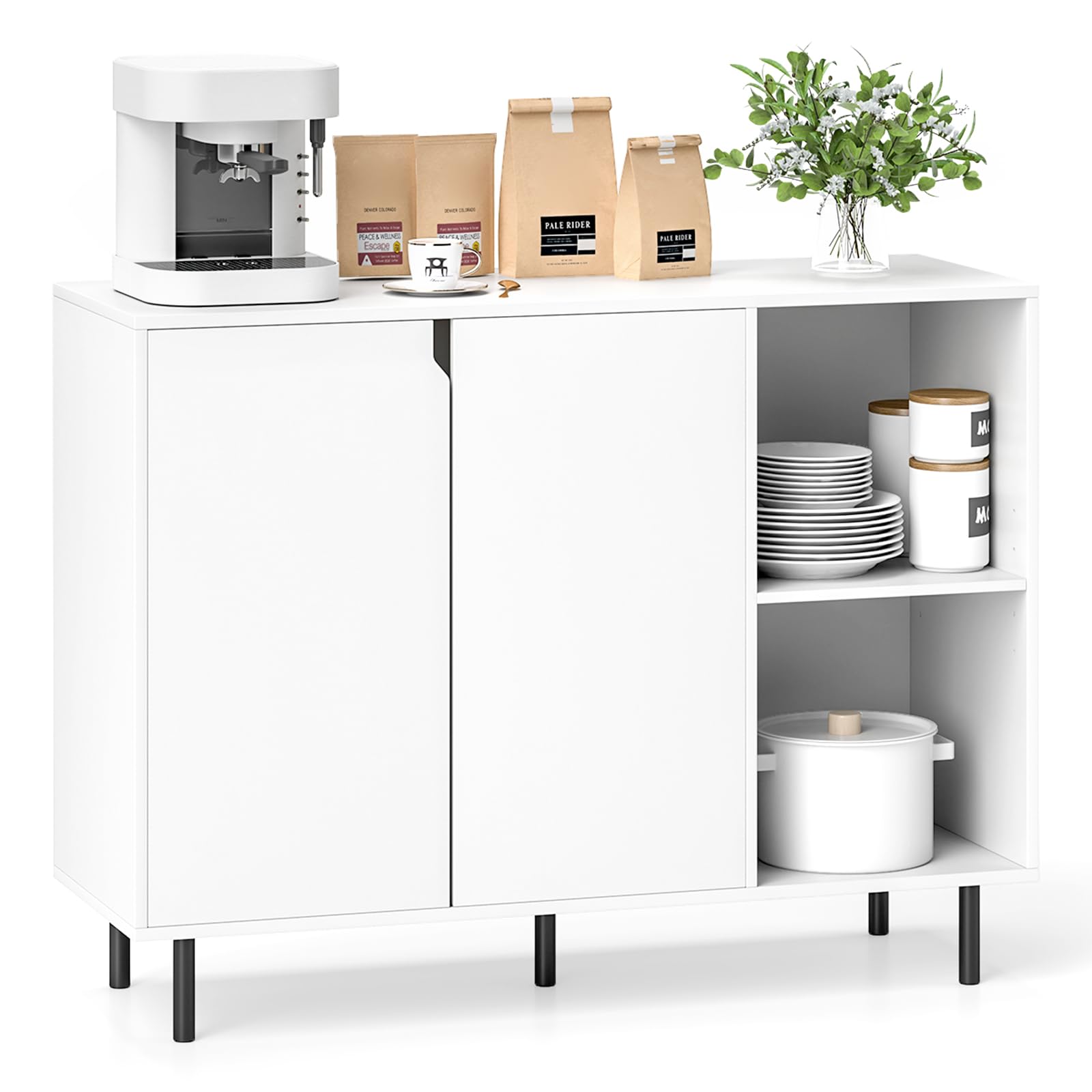GOPLUS Aparador de Comedor, Mueble de Almacenaje con Estantes Ajustables, 2 Puertas, Patas Metálicas Robustas, Armario de Cocina, para Salón, Comedor, Blanco