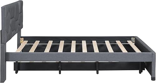 Miniatura 5 de DNYN Cama de plataforma tapizada de tamaño matrimonial con nido (individual) para niños, adolescentes, dormitorio de adultos, marco de cama de