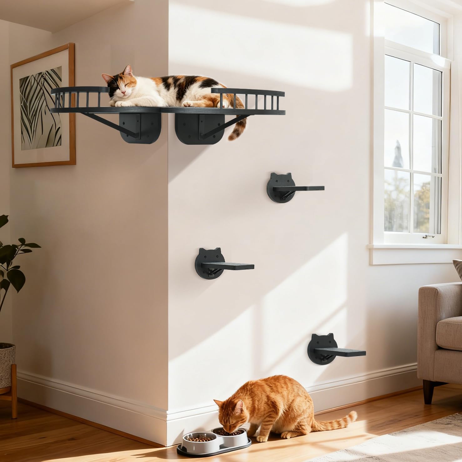 Cat Wall Shelves Furniture Set with Scratching Pad，Wooden Cat Climbing Wall Systems with 2 Perches and 3 Steps, Floating Shelves Bed Wall Mounted for Indoor Fit Up to 15Lbs (Black)
