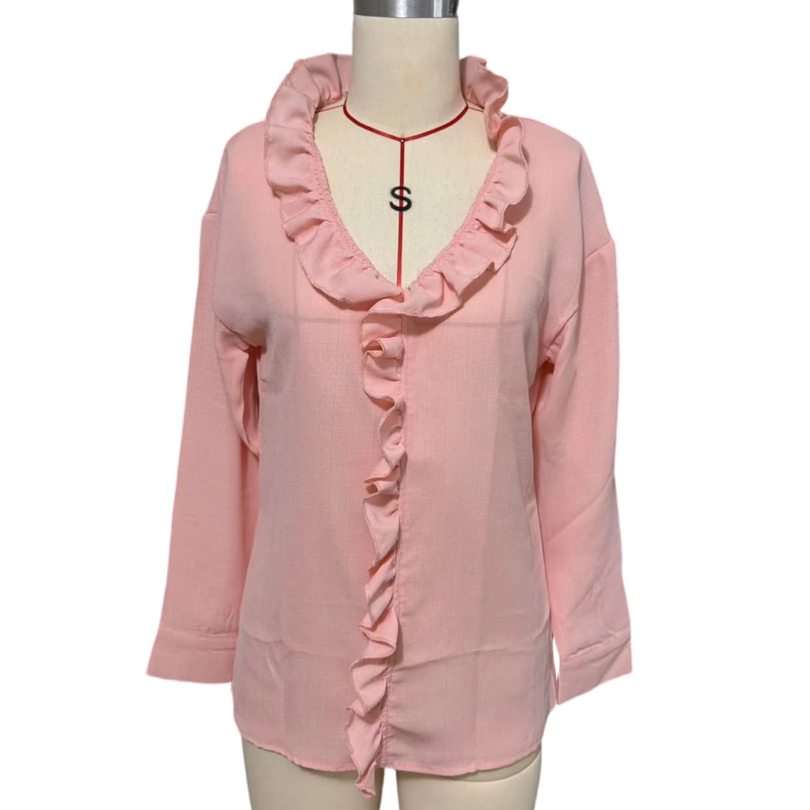 Camisa de manga larga con cuello en V y volantes para mujer, casual, ajuste holgado, para negocios, oficina, trabajo, camisa de trabajo de manga larga con cuello en V