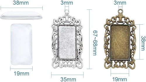 Miniatura 3 de KISSITTY 10 piezas de bandeja colgante rectangular de bronce plateado antiguo en blanco con 10 piezas de azulejos de cúpula de vidrio transparente,