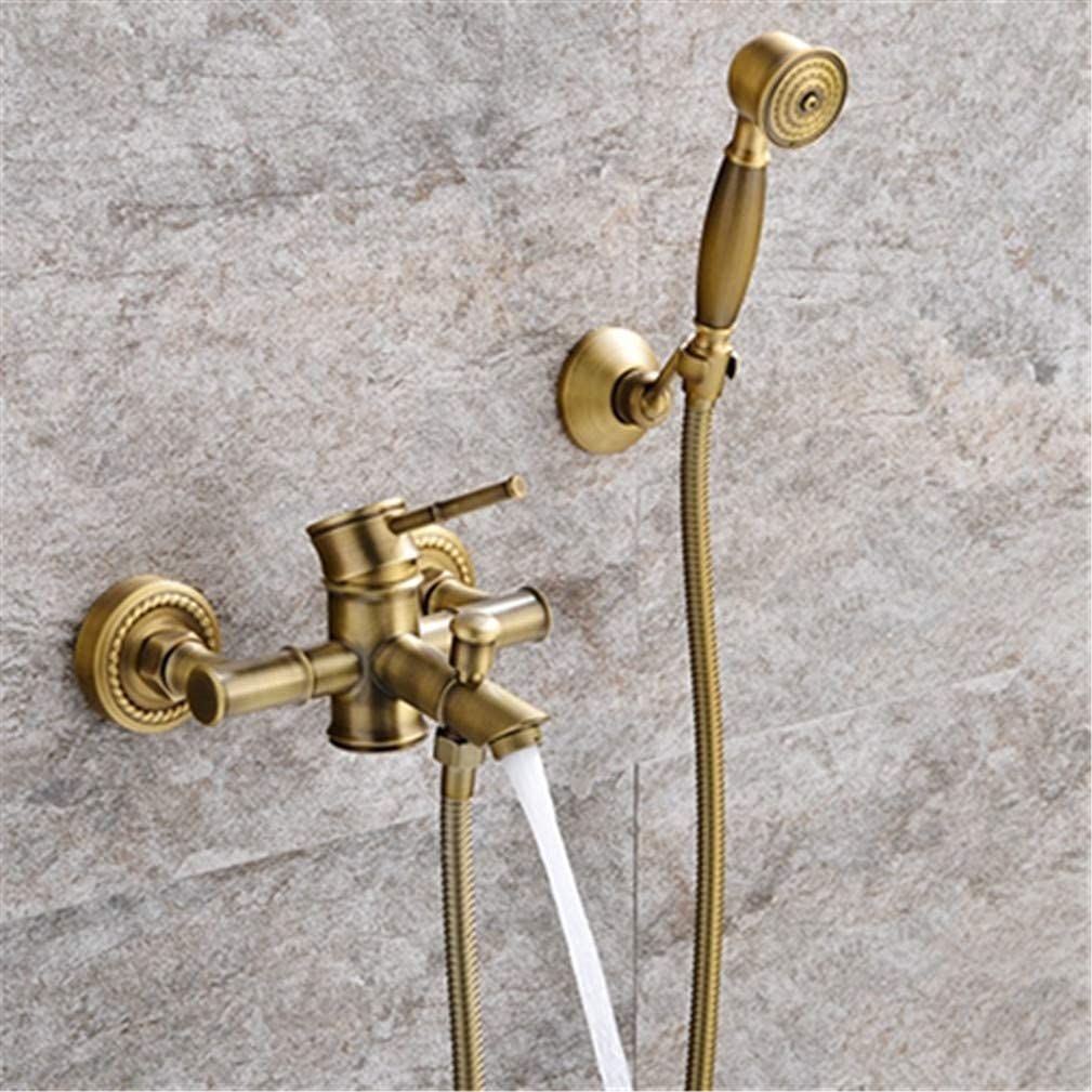 CWCQGH Bathroom Bamboo Bath Shower Faucets Set Bathtub Faucet Water Mixer Crane Tap Antique Brass Finished with Hand Shower Retro Style,Antique Without Spout,Antique With Spout