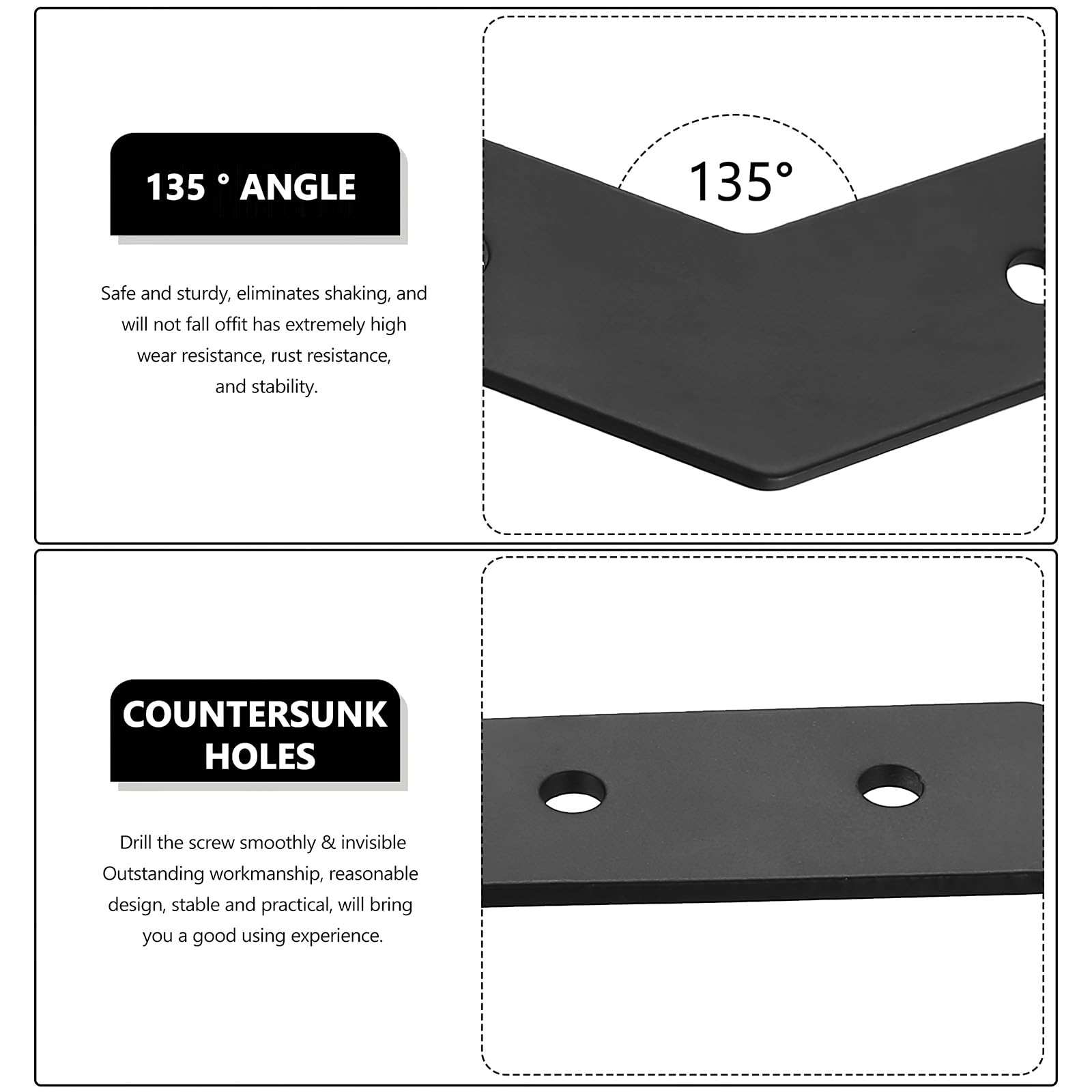 6 Pcs Metal Flat Brackets for Wood 135 Degree Flat Sleeper Brackets Braces Heavy DutyFlat Connecting Joining Fixing Mending Plates BracketsBlack Furniture Support Repair Connectors(135°) - Image 4