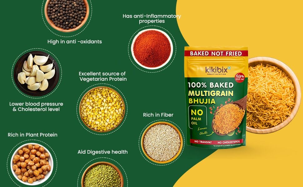 Kikibix Baked Chatpata Bhujia Healthy Snacks & Namkeen for diabetics, Low Fat, Low Calories, High Protein Bhujiya Diet Mixture- lemon Chilli Flavor No Palm Oil, Baked Not Fried (Pack of 2) - Image 5 thumbnail