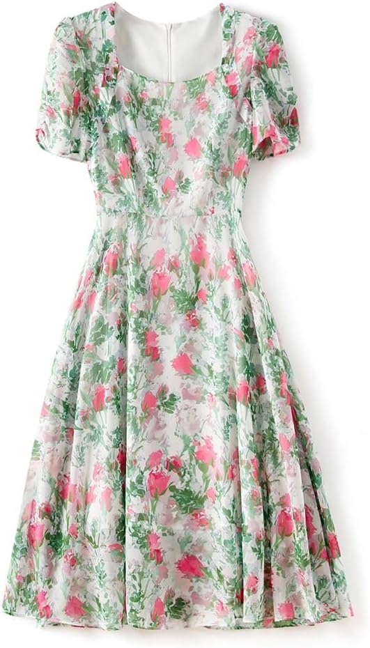 JSEIAJB Holiday Colorful Printed Chiffon Slimming Waist Covering Dress