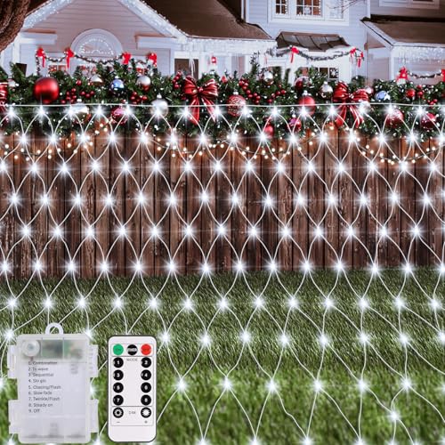 CCILAND Filet lumineux à piles 1,5 m x 1,5 m - 100 LED - Avec télécommande - 8 modes - Minuterie - Intensité variable - Pour terrasse, clôture, mur, fête, mariage, décoration de Noël