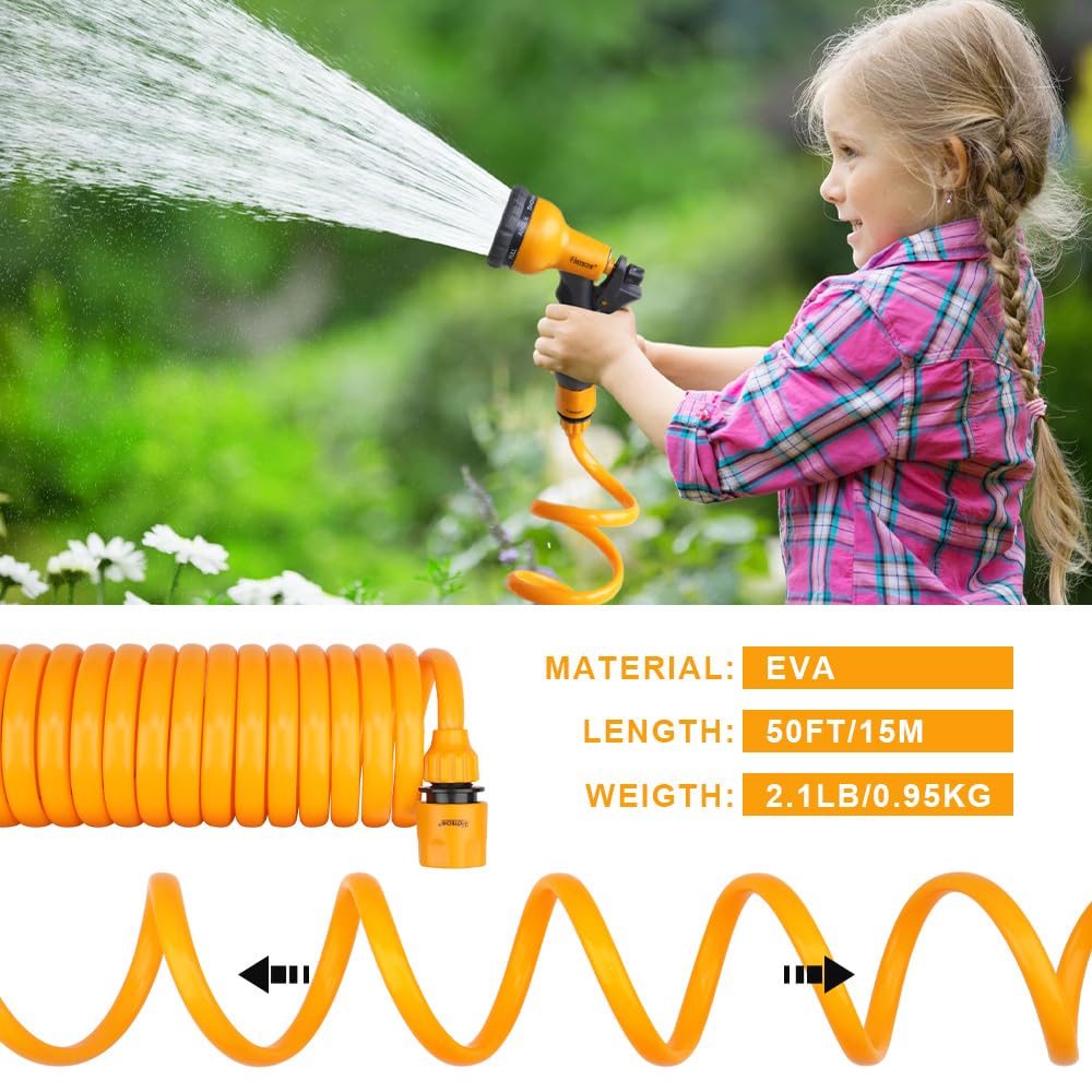 Hoteche Set di tubi per acqua da giardino, 15 m, tubo a spirale estensibile, tubo per acqua da giardino, Eva con 8 modalità per irrigazione piante, giardino e prato