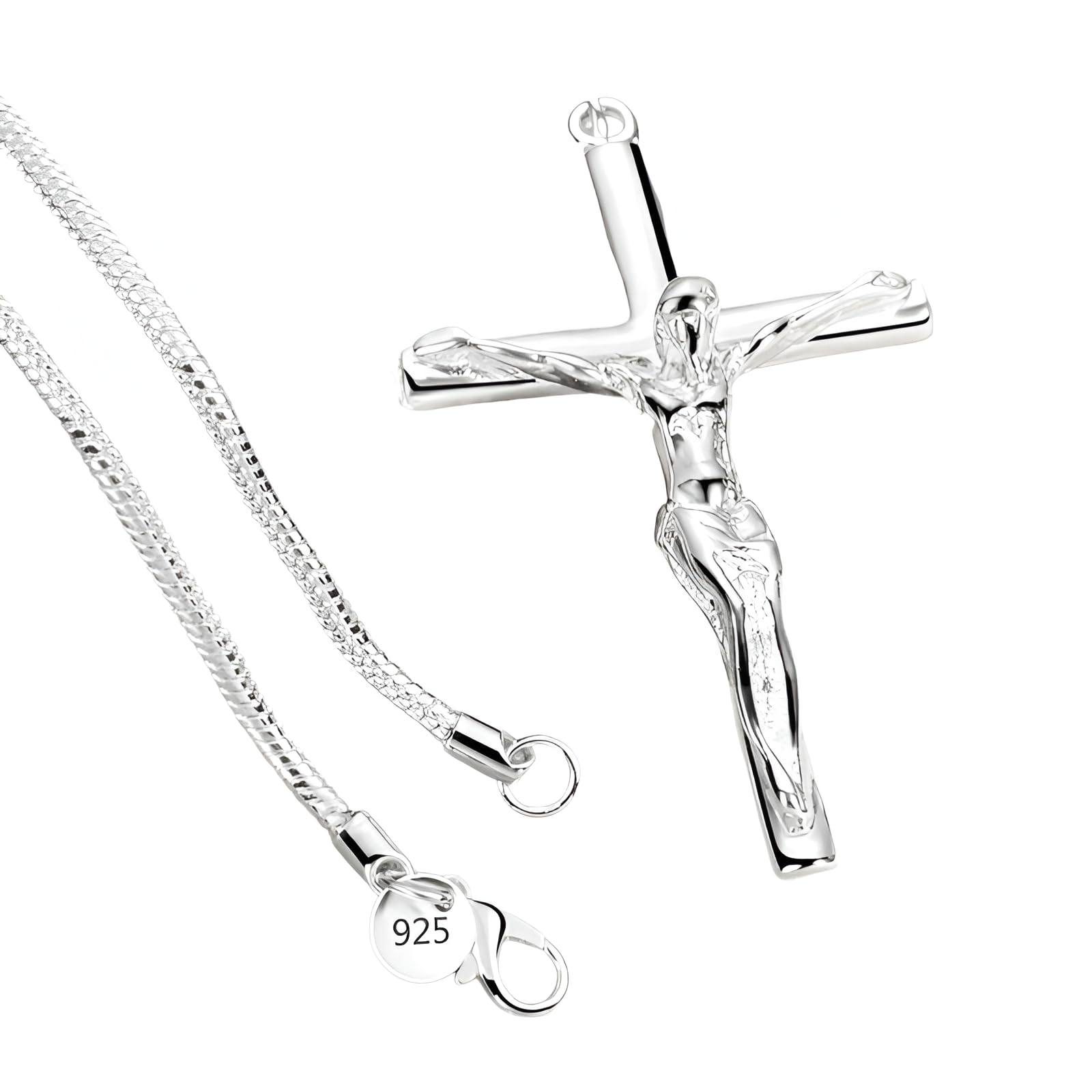 XJBTBA 925 Sterling Silber Schlangenkette Kruzifix Halskette Männer, 18-30 Zoll Kreuz Halskette mit Jesus darauf - Kruzifix Anhänger für Männer, Jesus Kreuz Halskette für
