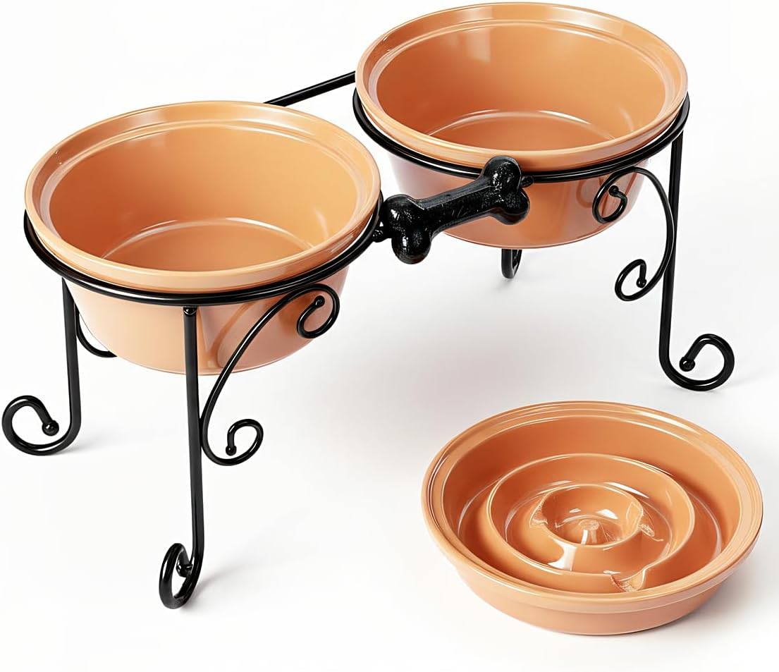 Elevated Dog Bowl Stand with 3 Large Ceramic Bowls – Raised Feeding Station for Medium & Large Dogs, Includes 2 Standard Bowls + 1 Slow Feeder, Durable Iron Frame, Non-Slip (Almond)