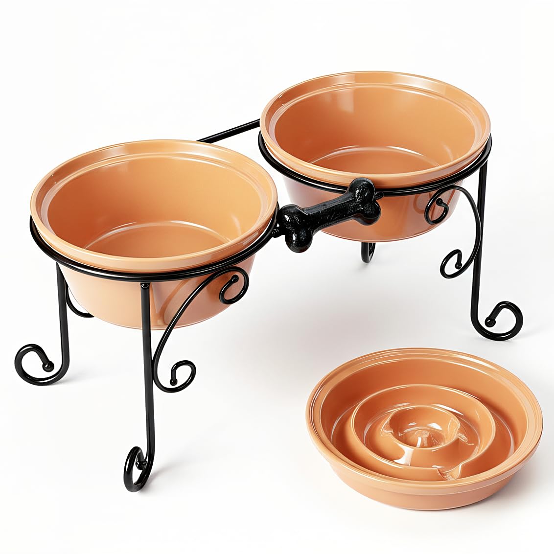 BestVida Elevated Dog Bowl Stand with 3 Large Ceramic Bowls – Raised Feeding Station for Medium & Large Dogs, Includes 2 Standard Bowls + 1 Slow