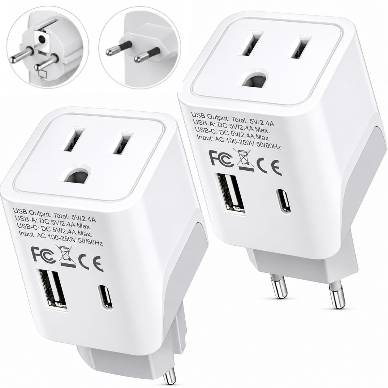 Ceptics European Travel Plug Adapter – Compact Type C & F Adapter with USB-C & A + USA Input – Safe Grounded Schuko Adapter – Travel Charger for France, Germany & More – CTU-9-9C-PK | European Adapter