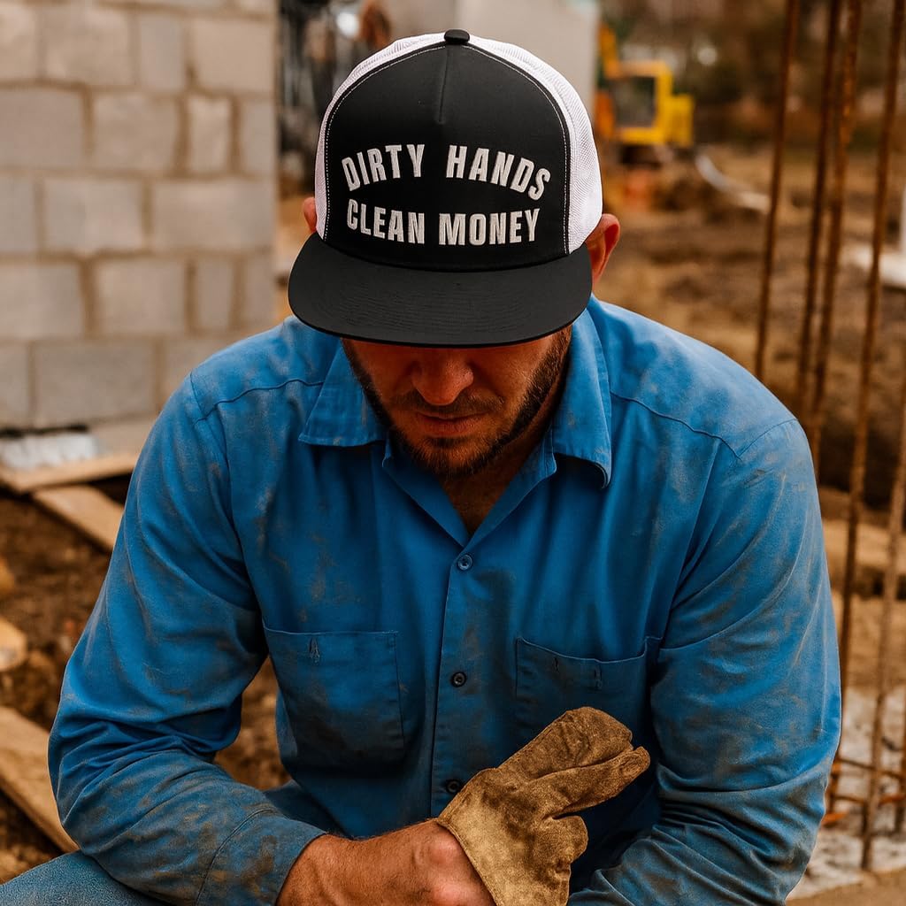 NG Dirty Hands Clean Money Flat Bill Embroidered Trucker Hat High Crown | Adjustable Blue Collar Cap