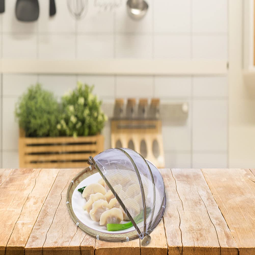 Eforcase Bamboo Food Serving Tent Basket with Cover, Serving Food Tent Basket Hand Woven Basket Serving Dustproof Picnic Basket Vegetable Fruits Bread Home Round Storage Basket with Mesh Cover