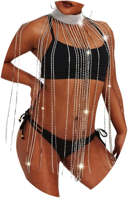 CanB Rhinestone Long Body Chain Sliver Crystal Tassel Choker Chains Necklace Bikini Beach Nightclub Party Harness Body Accessories Jewelry for Women