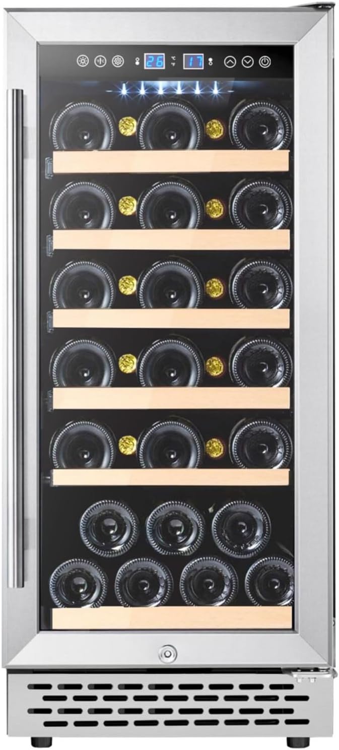Wine Refrigerator, 28 bottles Wine Cooler Refrigerator, Compact Fridge with 34-65℉ Digital Temperature Control, LED Touch, Built-in Glass Door Free Standing, Red, White Wine for Bar, Home