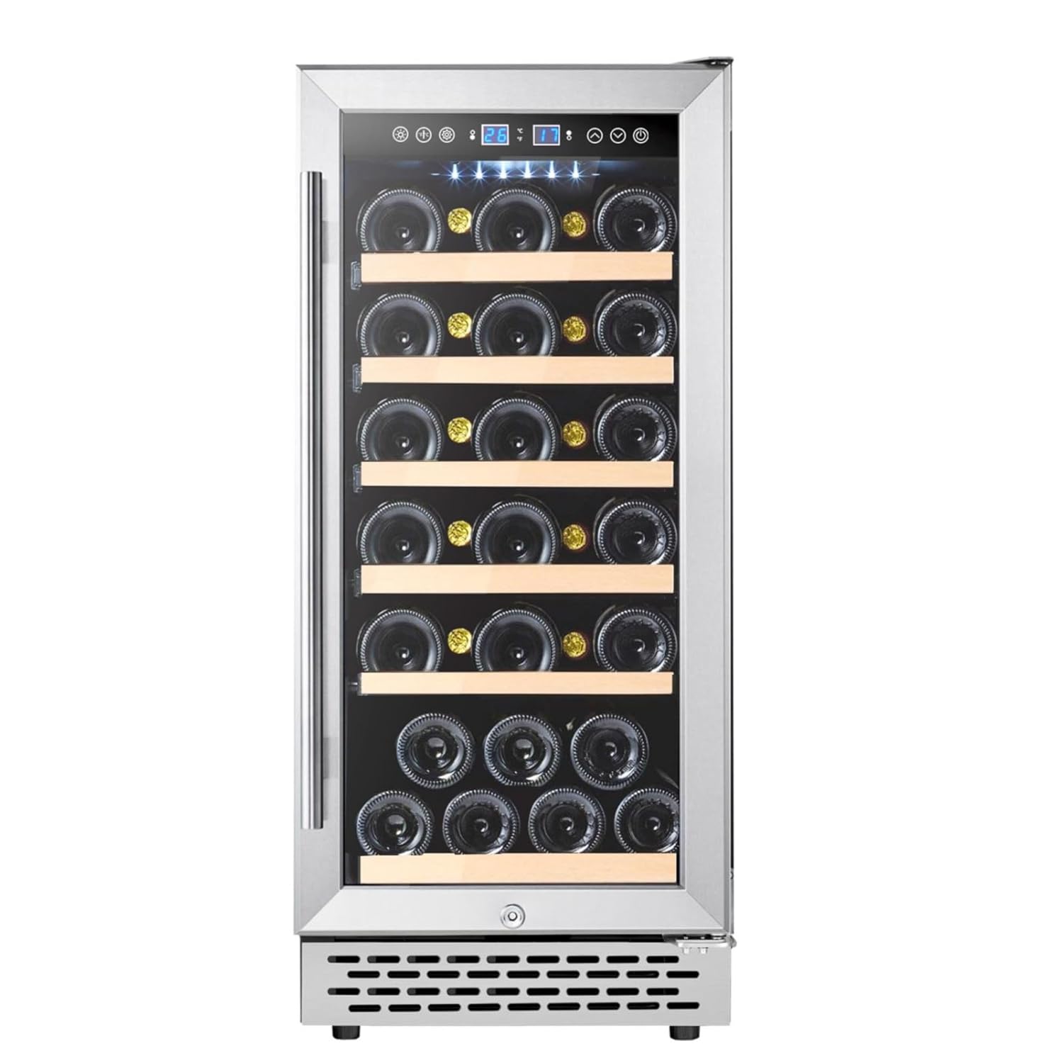28-Bottle Compressor Wine Cooler Refrigerator, Freestanding Wine Cellar, Single Zone Wine Fridge For Red, White, Champagne or Sparkling Wine with Digital Temperature Control Fridge Glass Door Black