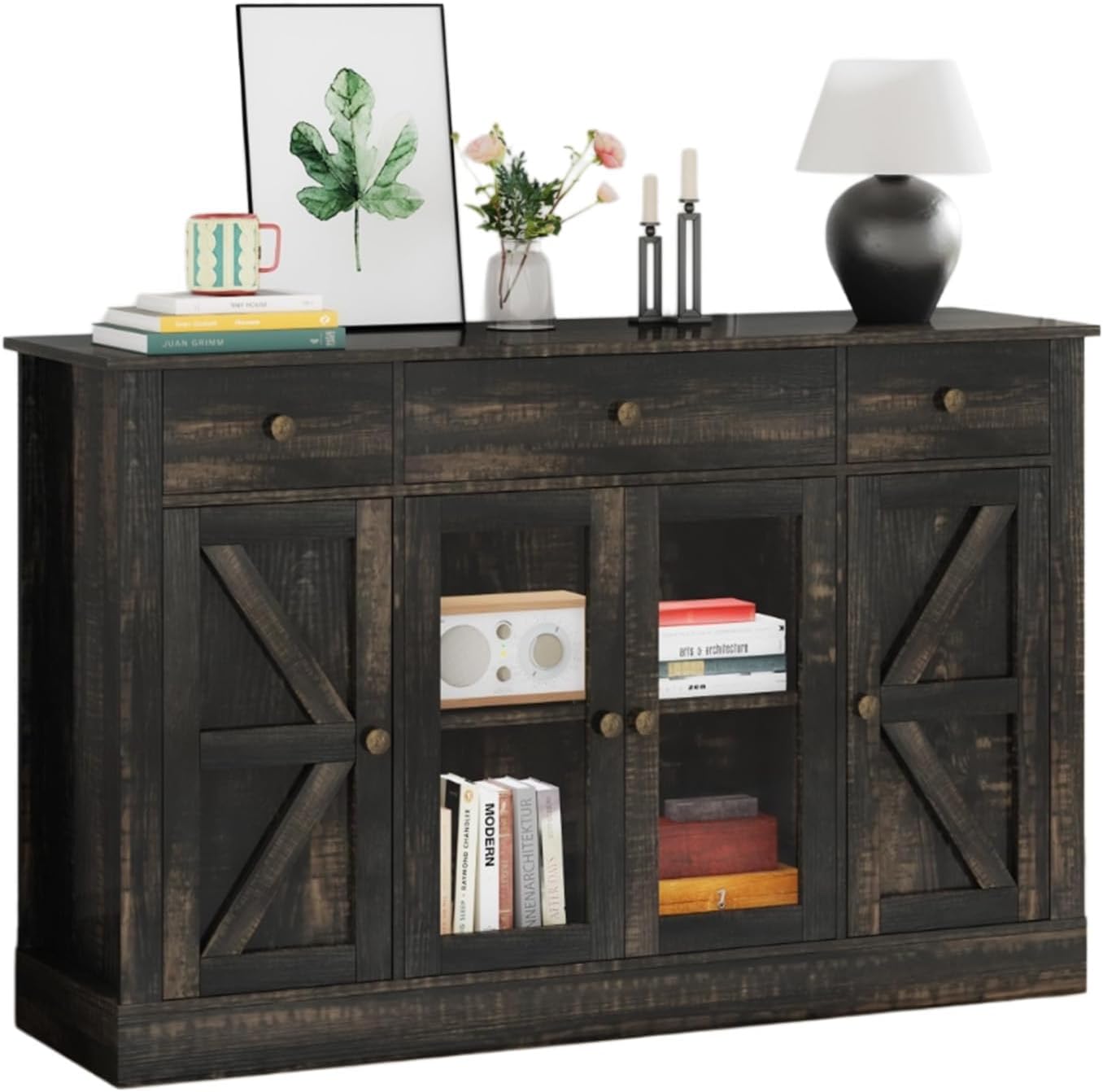 4 EVER WINNER 55" Coffee Bar with 4 Glass Doors and 3 Drawers, Sideboard Buffet Cabinet with Storage, Farmhouse Coffee Bar Cabinet with Adjustable Shelves for Kitchen, Dining Room, Rustic Oak