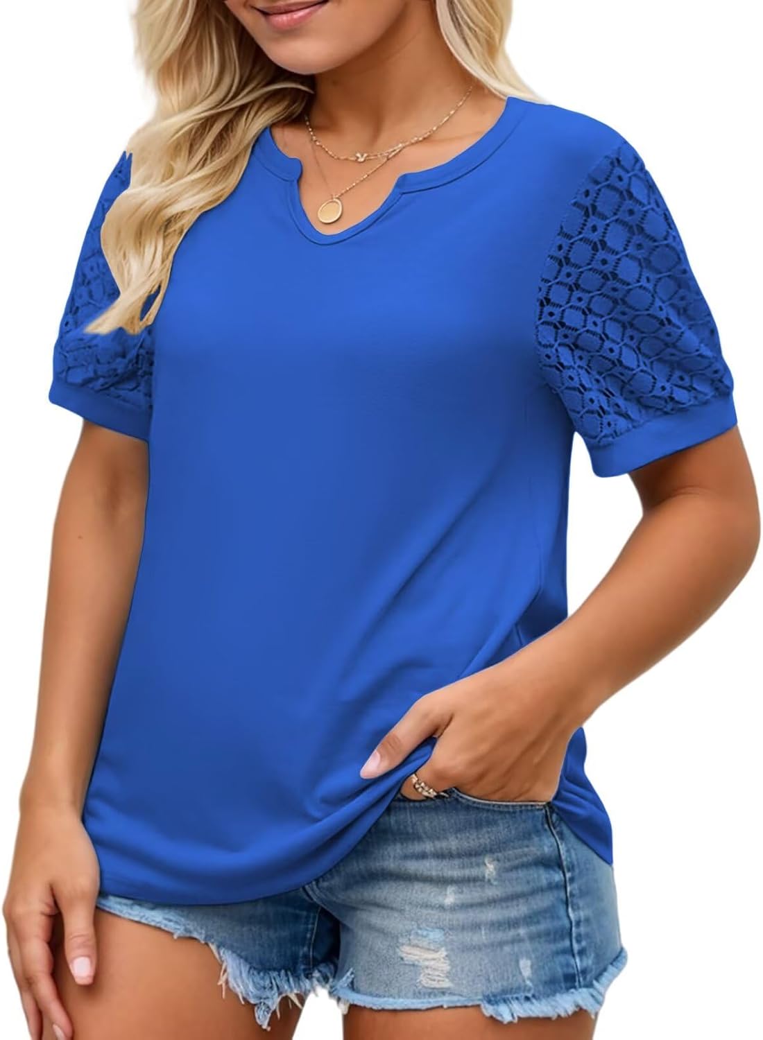 VISILILY Plus-Size-Womens-Summer-Tops 2025 Trendy Notch V Neck T Shirts Cute Lace Short Sleeve Tunics Casual Blouses XL-5XL